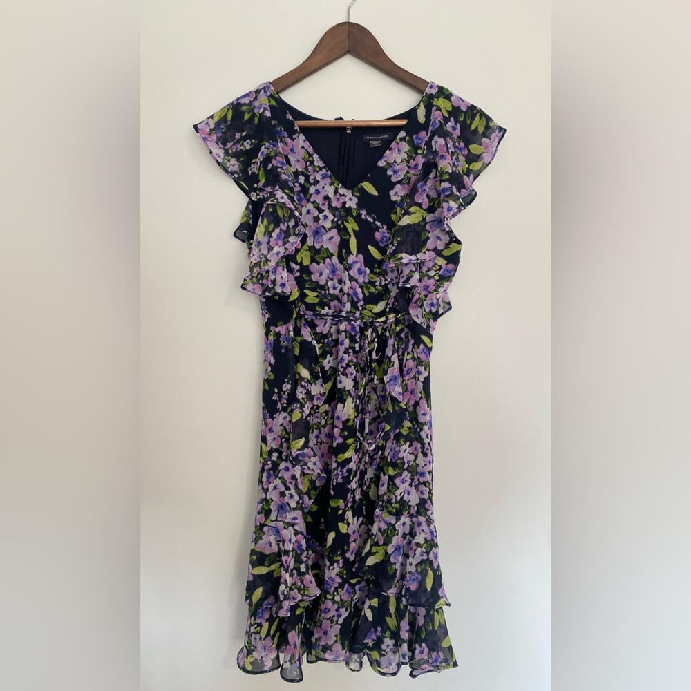 Tommy Hilfiger Navy Blue Floral Flutter Sleeve Dress